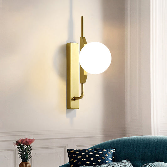 Globe Living Room Sconce Frosted White Glass 1-Bulb Modernism Wall Light Fixture with Gold Rectangle Backplate Gold Clearhalo 'Cast Iron' 'Glass' 'Industrial' 'Modern wall lights' 'Modern' 'Tiffany' 'Traditional wall lights' 'Wall Lamps & Sconces' 'Wall Lights' Lighting' 512911