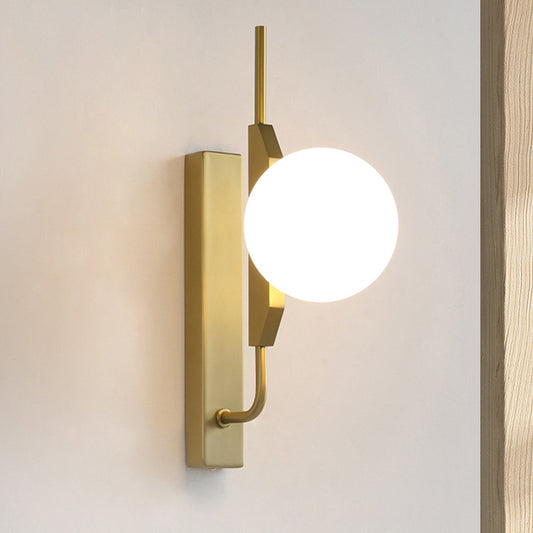 Globe Living Room Sconce Frosted White Glass 1-Bulb Modernism Wall Light Fixture with Gold Rectangle Backplate Clearhalo 'Cast Iron' 'Glass' 'Industrial' 'Modern wall lights' 'Modern' 'Tiffany' 'Traditional wall lights' 'Wall Lamps & Sconces' 'Wall Lights' Lighting' 512912