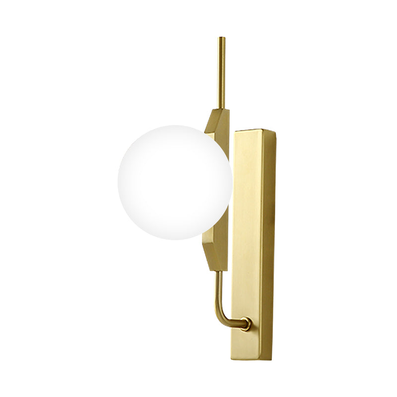 Globe Living Room Sconce Frosted White Glass 1-Bulb Modernism Wall Light Fixture with Gold Rectangle Backplate Clearhalo 'Cast Iron' 'Glass' 'Industrial' 'Modern wall lights' 'Modern' 'Tiffany' 'Traditional wall lights' 'Wall Lamps & Sconces' 'Wall Lights' Lighting' 512913