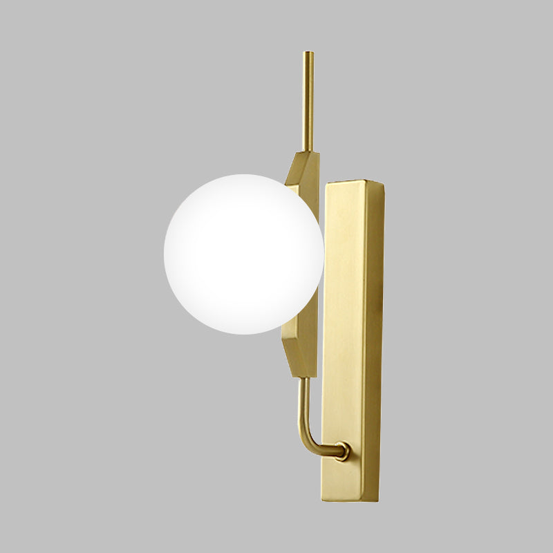 Globe Living Room Sconce Frosted White Glass 1-Bulb Modernism Wall Light Fixture with Gold Rectangle Backplate Clearhalo 'Cast Iron' 'Glass' 'Industrial' 'Modern wall lights' 'Modern' 'Tiffany' 'Traditional wall lights' 'Wall Lamps & Sconces' 'Wall Lights' Lighting' 512914