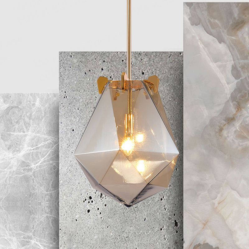 1 Light Bedroom Pendant Lamp Modern Smoke Gray/Cognac Hanging Light with Geometric Glass Shade, 10"/14" Wide Cognac Clearhalo 'Ceiling Lights' 'Glass shade' 'Glass' 'Modern Pendants' 'Modern' 'Pendant Lights' 'Pendants' Lighting' 512996