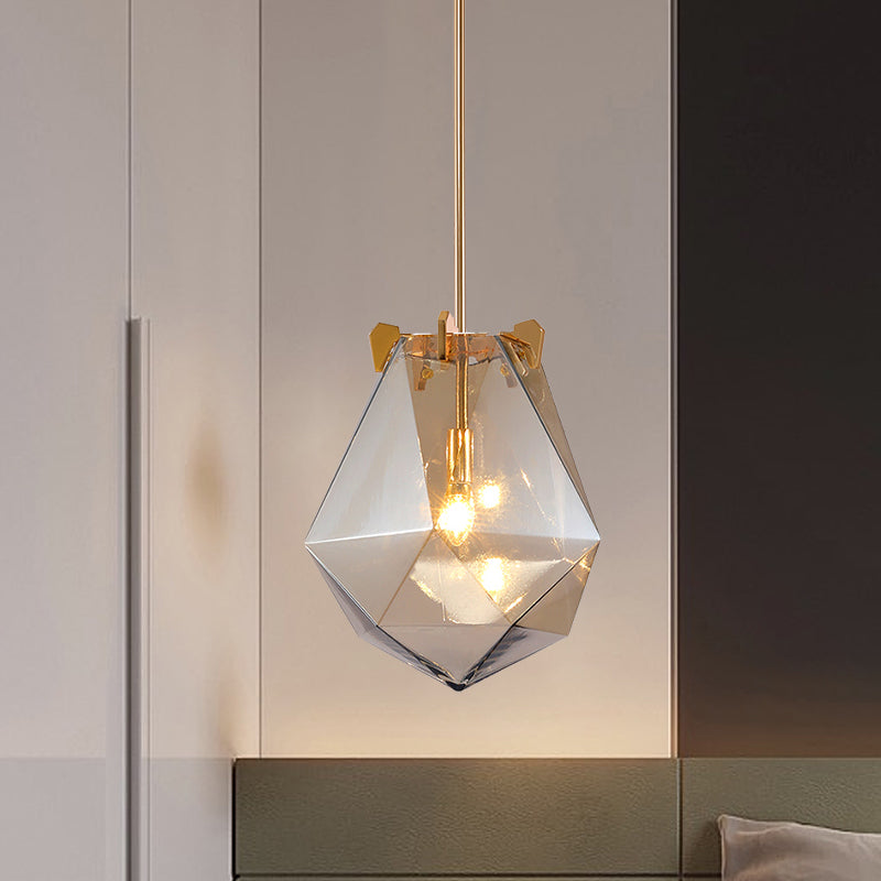 1 Light Bedroom Pendant Lamp Modern Smoke Gray/Cognac Hanging Light with Geometric Glass Shade, 10"/14" Wide Clearhalo 'Ceiling Lights' 'Glass shade' 'Glass' 'Modern Pendants' 'Modern' 'Pendant Lights' 'Pendants' Lighting' 512997