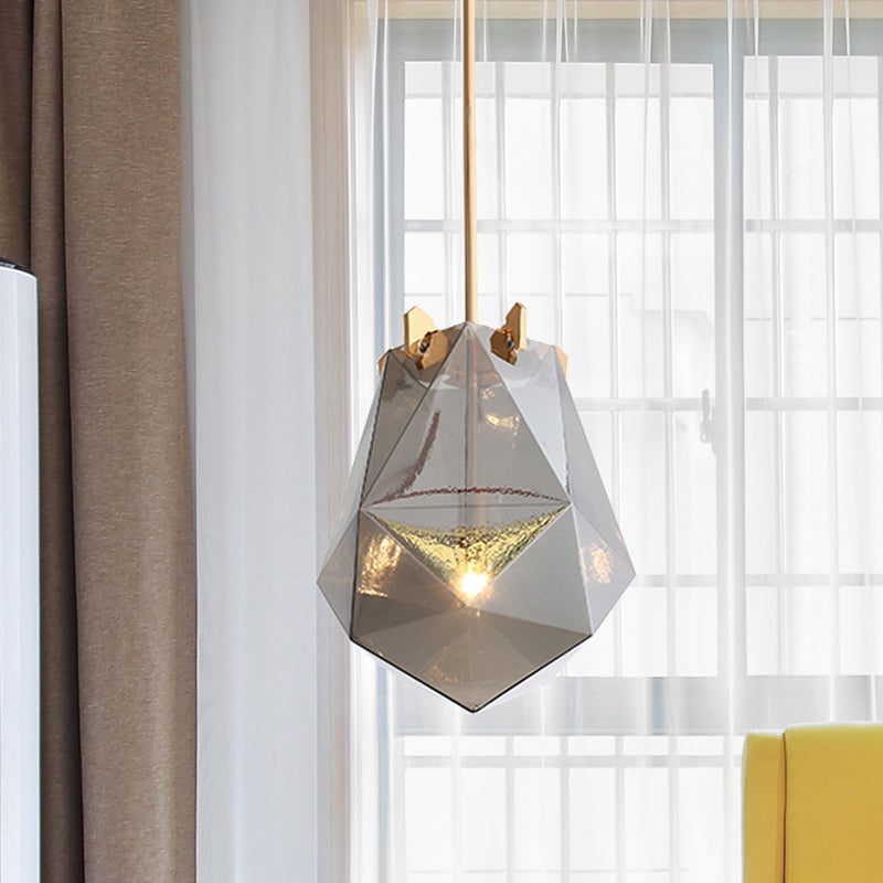 1 Light Bedroom Pendant Lamp Modern Smoke Gray/Cognac Hanging Light with Geometric Glass Shade, 10"/14" Wide Smoke Gray Clearhalo 'Ceiling Lights' 'Glass shade' 'Glass' 'Modern Pendants' 'Modern' 'Pendant Lights' 'Pendants' Lighting' 513003