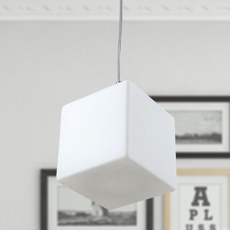 White Glass Cubic Hanging Ceiling Light Minimalist 1 Light Pendant Light Fixture, 5"/6"/8" Wide White Clearhalo 'Ceiling Lights' 'Glass shade' 'Glass' 'Modern Pendants' 'Modern' 'Pendant Lights' 'Pendants' Lighting' 513049