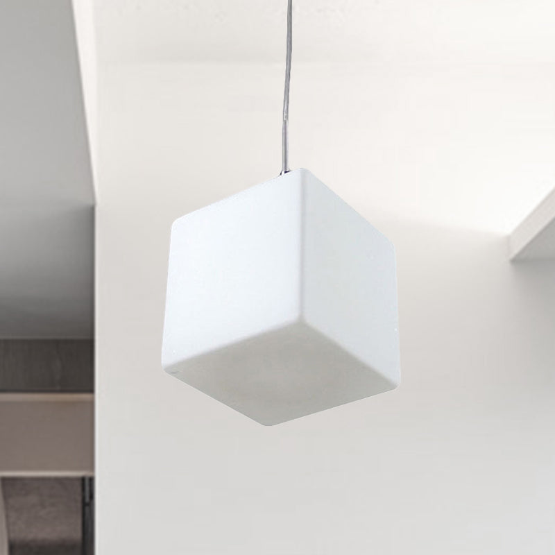 White Glass Cubic Hanging Ceiling Light Minimalist 1 Light Pendant Light Fixture, 5"/6"/8" Wide Clearhalo 'Ceiling Lights' 'Glass shade' 'Glass' 'Modern Pendants' 'Modern' 'Pendant Lights' 'Pendants' Lighting' 513050