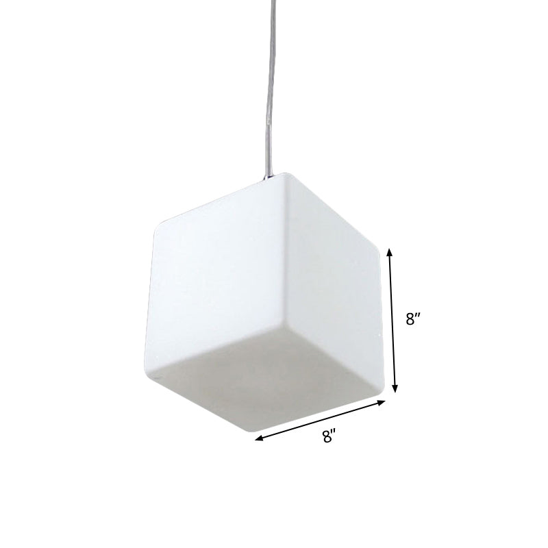 White Glass Cubic Hanging Ceiling Light Minimalist 1 Light Pendant Light Fixture, 5"/6"/8" Wide Clearhalo 'Ceiling Lights' 'Glass shade' 'Glass' 'Modern Pendants' 'Modern' 'Pendant Lights' 'Pendants' Lighting' 513053