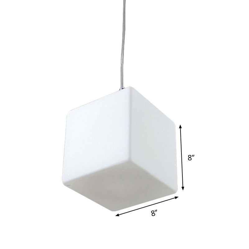 White Glass Cubic Hanging Ceiling Light Minimalist 1 Light Pendant Light Fixture, 5"/6"/8" Wide Clearhalo 'Ceiling Lights' 'Glass shade' 'Glass' 'Modern Pendants' 'Modern' 'Pendant Lights' 'Pendants' Lighting' 513054