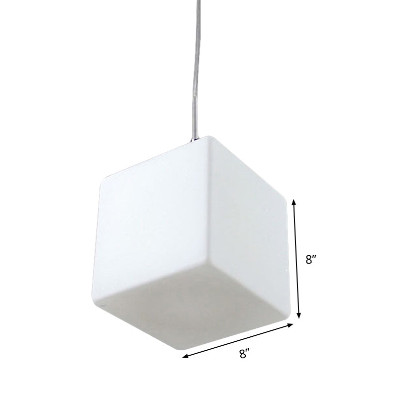 White Glass Cubic Hanging Ceiling Light Minimalist 1 Light Pendant Light Fixture, 5"/6"/8" Wide Clearhalo 'Ceiling Lights' 'Glass shade' 'Glass' 'Modern Pendants' 'Modern' 'Pendant Lights' 'Pendants' Lighting' 513055