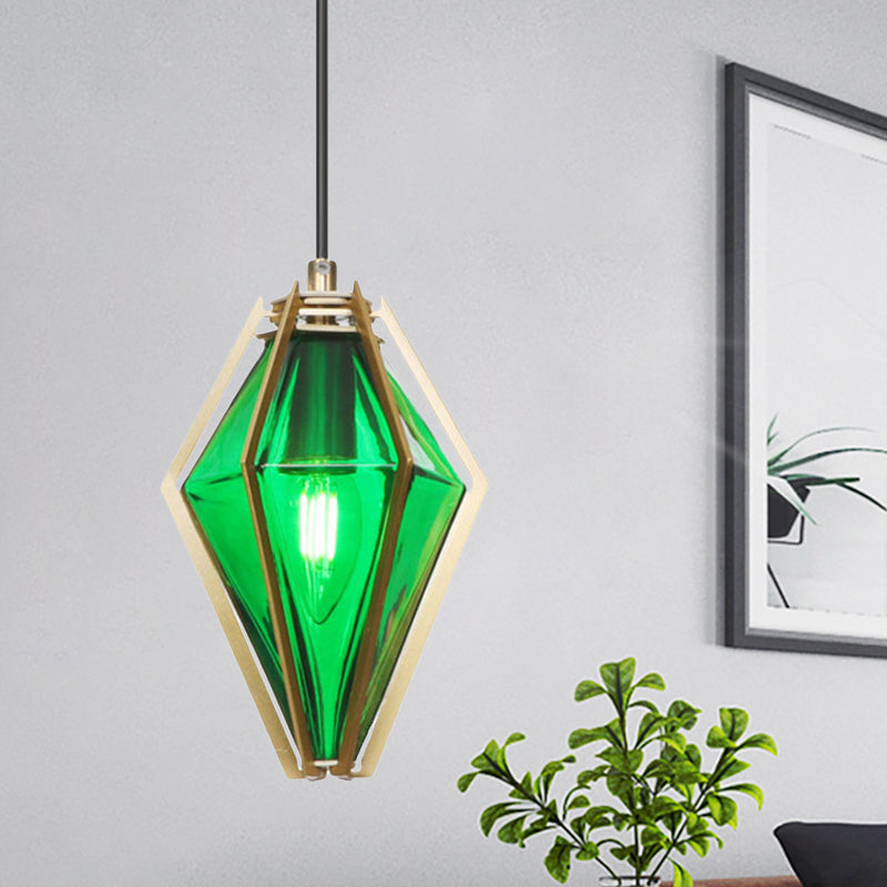 Diamond Office Room Pendant Light Green/White Glass 5"/6.5"/10" Wide 1 Light Modern Hanging Ceiling Light Green 5" Clearhalo 'Ceiling Lights' 'Glass shade' 'Glass' 'Modern Pendants' 'Modern' 'Pendant Lights' 'Pendants' Lighting' 513071