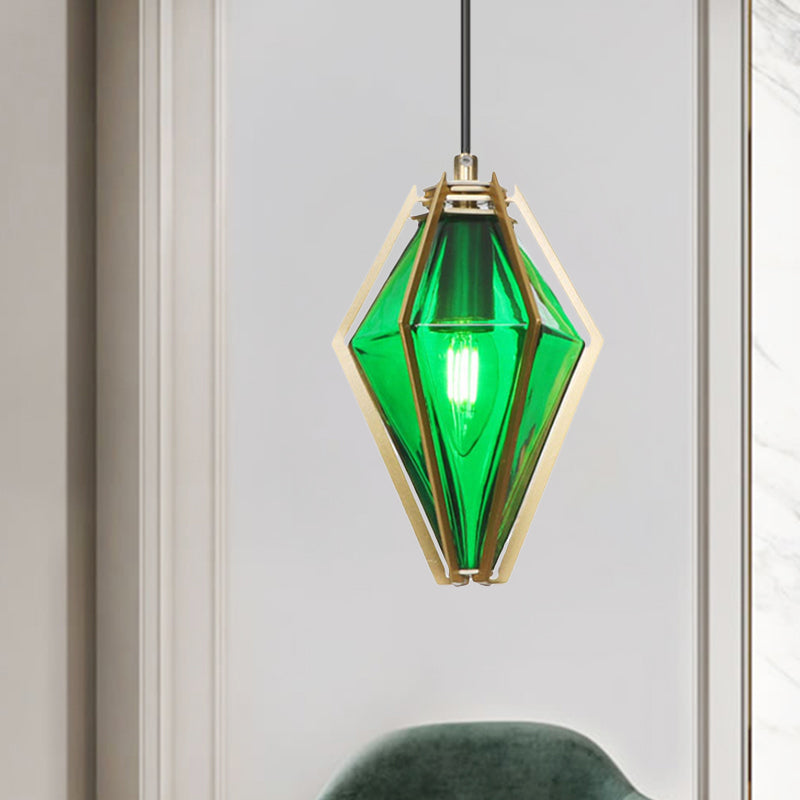 Diamond Office Room Pendant Light Green/White Glass 5"/6.5"/10" Wide 1 Light Modern Hanging Ceiling Light Clearhalo 'Ceiling Lights' 'Glass shade' 'Glass' 'Modern Pendants' 'Modern' 'Pendant Lights' 'Pendants' Lighting' 513072