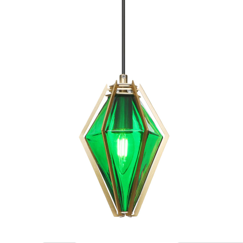 Diamond Office Room Pendant Light Green/White Glass 5"/6.5"/10" Wide 1 Light Modern Hanging Ceiling Light Clearhalo 'Ceiling Lights' 'Glass shade' 'Glass' 'Modern Pendants' 'Modern' 'Pendant Lights' 'Pendants' Lighting' 513073