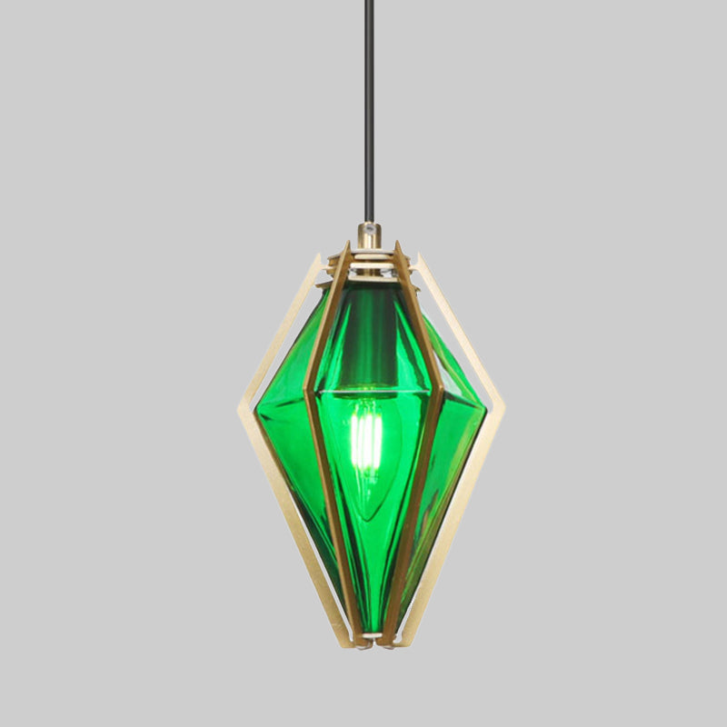 Diamond Office Room Pendant Light Green/White Glass 5"/6.5"/10" Wide 1 Light Modern Hanging Ceiling Light Clearhalo 'Ceiling Lights' 'Glass shade' 'Glass' 'Modern Pendants' 'Modern' 'Pendant Lights' 'Pendants' Lighting' 513074