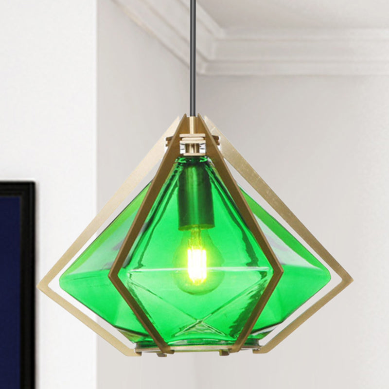 Diamond Office Room Pendant Light Green/White Glass 5"/6.5"/10" Wide 1 Light Modern Hanging Ceiling Light Green 10" Clearhalo 'Ceiling Lights' 'Glass shade' 'Glass' 'Modern Pendants' 'Modern' 'Pendant Lights' 'Pendants' Lighting' 513080