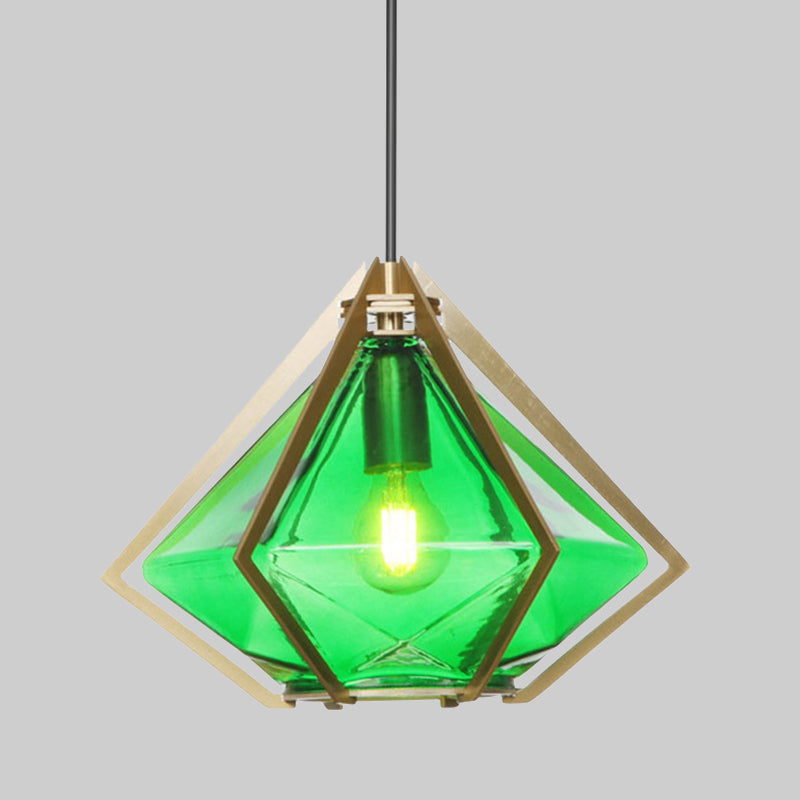 Diamond Office Room Pendant Light Green/White Glass 5"/6.5"/10" Wide 1 Light Modern Hanging Ceiling Light Clearhalo 'Ceiling Lights' 'Glass shade' 'Glass' 'Modern Pendants' 'Modern' 'Pendant Lights' 'Pendants' Lighting' 513083