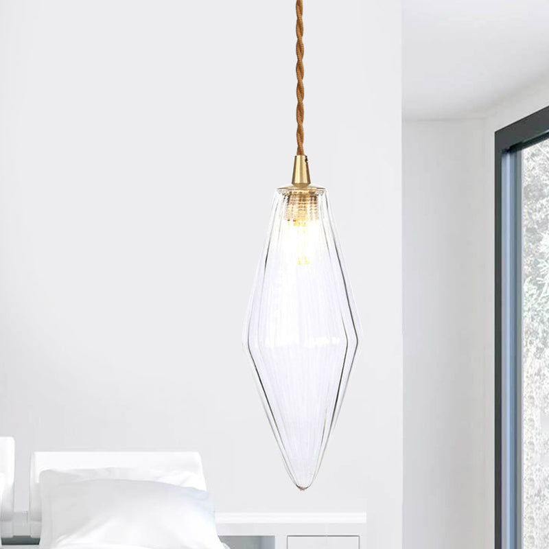 Diamond Pendant Light Fixture Contemporary Amber/Clear Glass 1 Light 3"/4" Wide Dining Room Hanging Lamp Kit Clearhalo 'Ceiling Lights' 'Glass shade' 'Glass' 'Modern Pendants' 'Modern' 'Pendant Lights' 'Pendants' Lighting' 513085