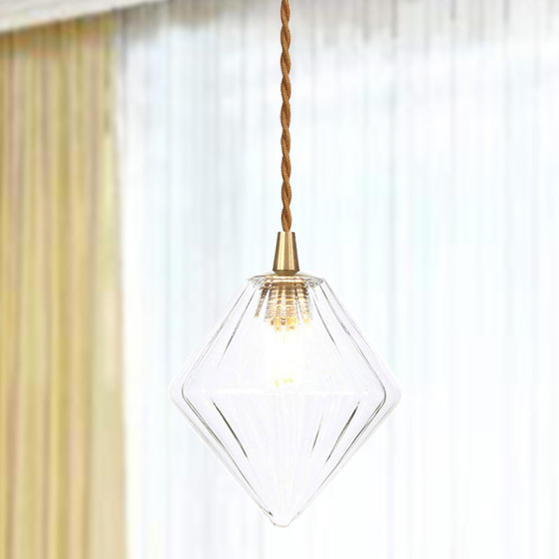 Diamond Pendant Light Fixture Contemporary Amber/Clear Glass 1 Light 3"/4" Wide Dining Room Hanging Lamp Kit Clear 4" Clearhalo 'Ceiling Lights' 'Glass shade' 'Glass' 'Modern Pendants' 'Modern' 'Pendant Lights' 'Pendants' Lighting' 513089