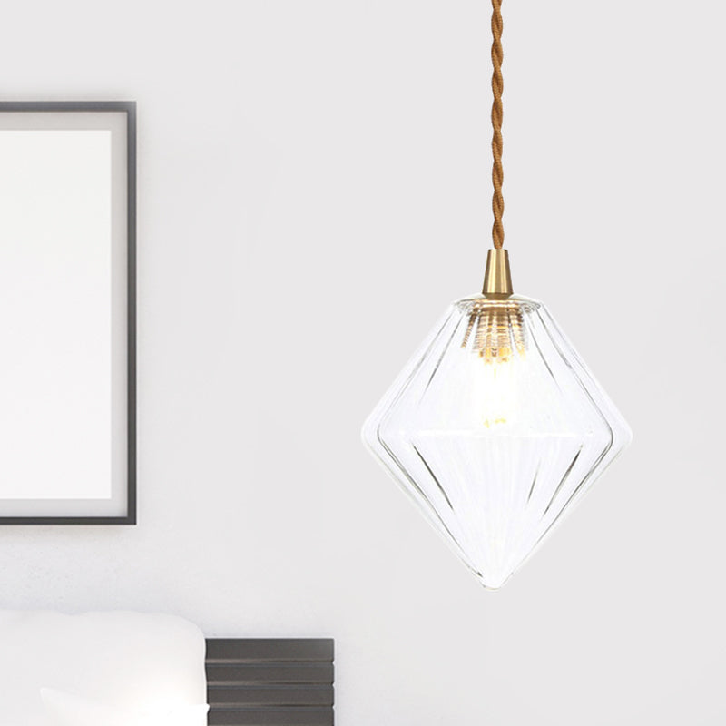 Diamond Pendant Light Fixture Contemporary Amber/Clear Glass 1 Light 3"/4" Wide Dining Room Hanging Lamp Kit Clearhalo 'Ceiling Lights' 'Glass shade' 'Glass' 'Modern Pendants' 'Modern' 'Pendant Lights' 'Pendants' Lighting' 513090