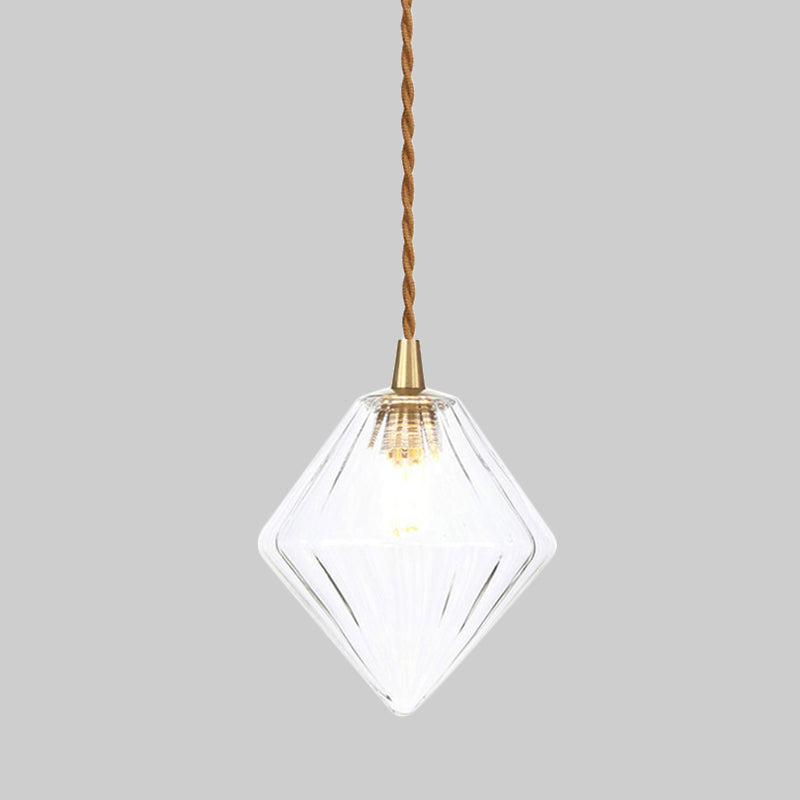 Diamond Pendant Light Fixture Contemporary Amber/Clear Glass 1 Light 3"/4" Wide Dining Room Hanging Lamp Kit Clearhalo 'Ceiling Lights' 'Glass shade' 'Glass' 'Modern Pendants' 'Modern' 'Pendant Lights' 'Pendants' Lighting' 513092