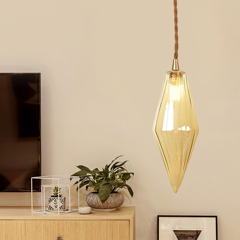 Diamond Pendant Light Fixture Contemporary Amber/Clear Glass 1 Light 3"/4" Wide Dining Room Hanging Lamp Kit Clearhalo 'Ceiling Lights' 'Glass shade' 'Glass' 'Modern Pendants' 'Modern' 'Pendant Lights' 'Pendants' Lighting' 513095