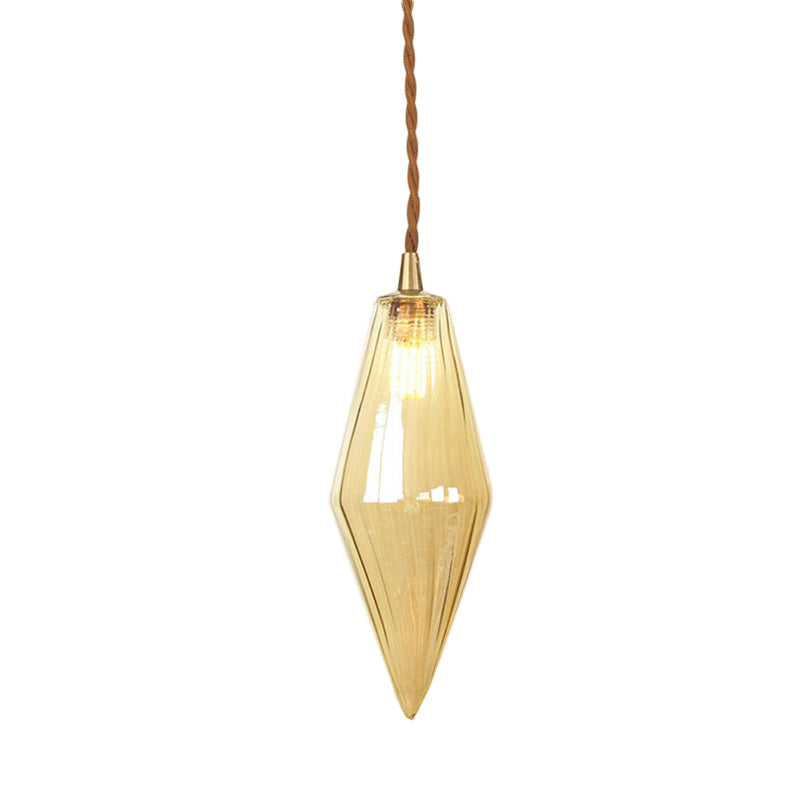 Diamond Pendant Light Fixture Contemporary Amber/Clear Glass 1 Light 3"/4" Wide Dining Room Hanging Lamp Kit Clearhalo 'Ceiling Lights' 'Glass shade' 'Glass' 'Modern Pendants' 'Modern' 'Pendant Lights' 'Pendants' Lighting' 513096