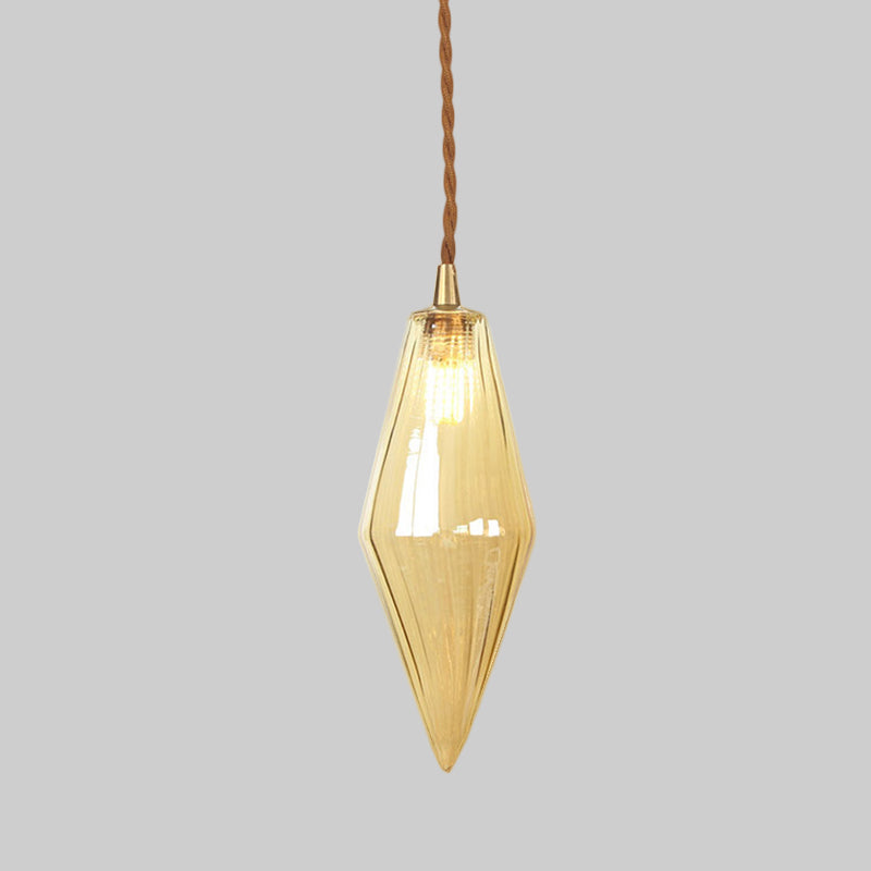 Diamond Pendant Light Fixture Contemporary Amber/Clear Glass 1 Light 3"/4" Wide Dining Room Hanging Lamp Kit Clearhalo 'Ceiling Lights' 'Glass shade' 'Glass' 'Modern Pendants' 'Modern' 'Pendant Lights' 'Pendants' Lighting' 513097