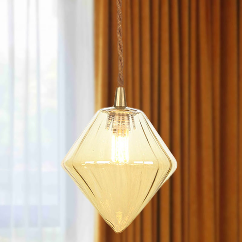 Diamond Pendant Light Fixture Contemporary Amber/Clear Glass 1 Light 3"/4" Wide Dining Room Hanging Lamp Kit Clearhalo 'Ceiling Lights' 'Glass shade' 'Glass' 'Modern Pendants' 'Modern' 'Pendant Lights' 'Pendants' Lighting' 513099