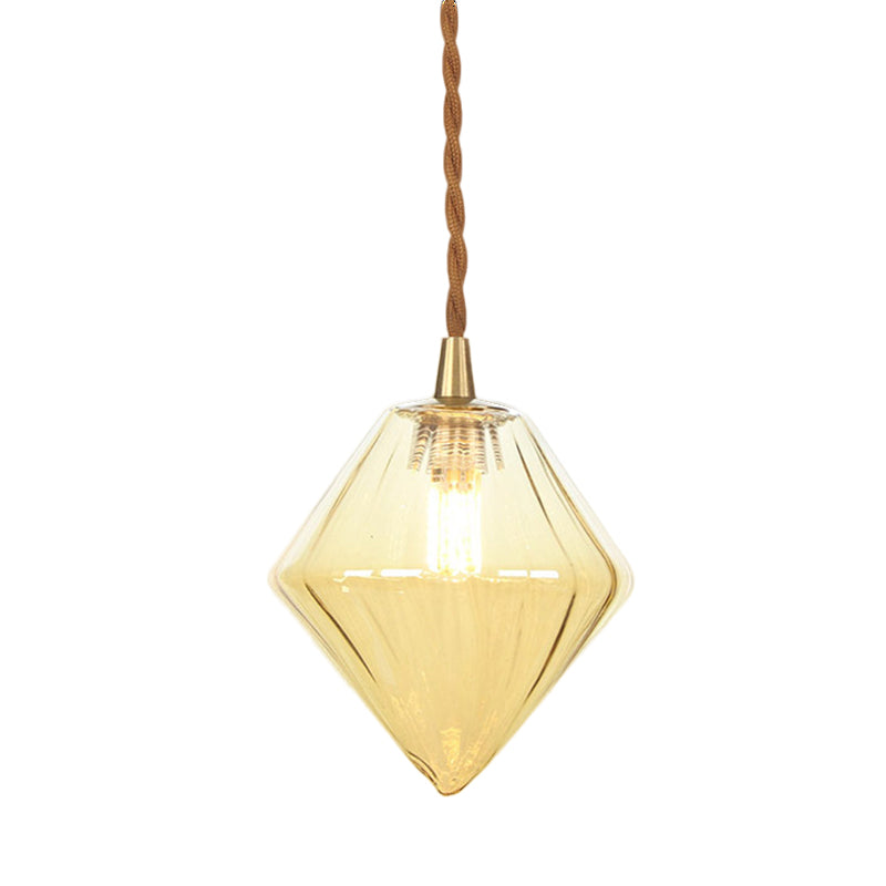 Diamond Pendant Light Fixture Contemporary Amber/Clear Glass 1 Light 3"/4" Wide Dining Room Hanging Lamp Kit Clearhalo 'Ceiling Lights' 'Glass shade' 'Glass' 'Modern Pendants' 'Modern' 'Pendant Lights' 'Pendants' Lighting' 513100