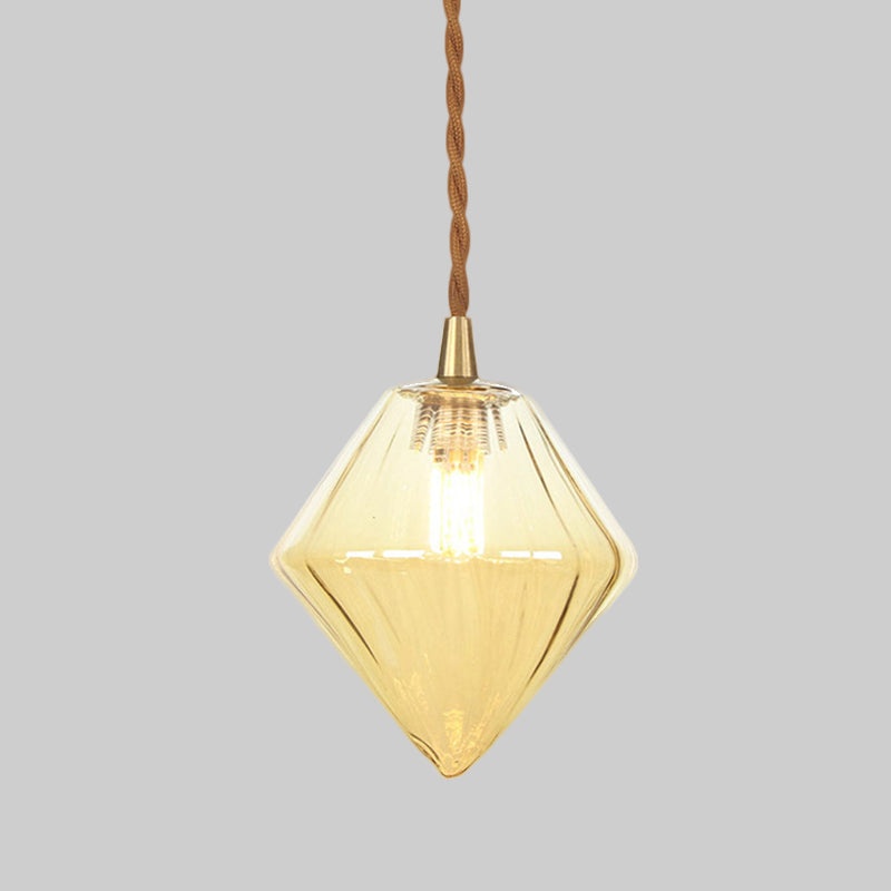 Diamond Pendant Light Fixture Contemporary Amber/Clear Glass 1 Light 3"/4" Wide Dining Room Hanging Lamp Kit Clearhalo 'Ceiling Lights' 'Glass shade' 'Glass' 'Modern Pendants' 'Modern' 'Pendant Lights' 'Pendants' Lighting' 513101