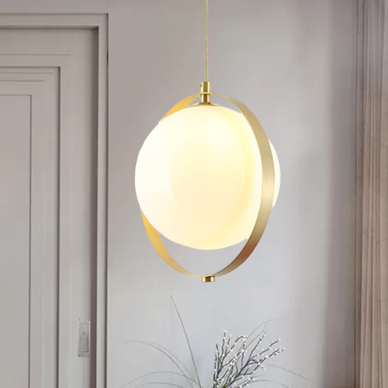 Globe White Glass Hanging Light Kit Modern 1 Light Pendant Lighting with Brass Ring Clearhalo 'Ceiling Lights' 'Glass shade' 'Glass' 'Modern Pendants' 'Modern' 'Pendant Lights' 'Pendants' Lighting' 513144