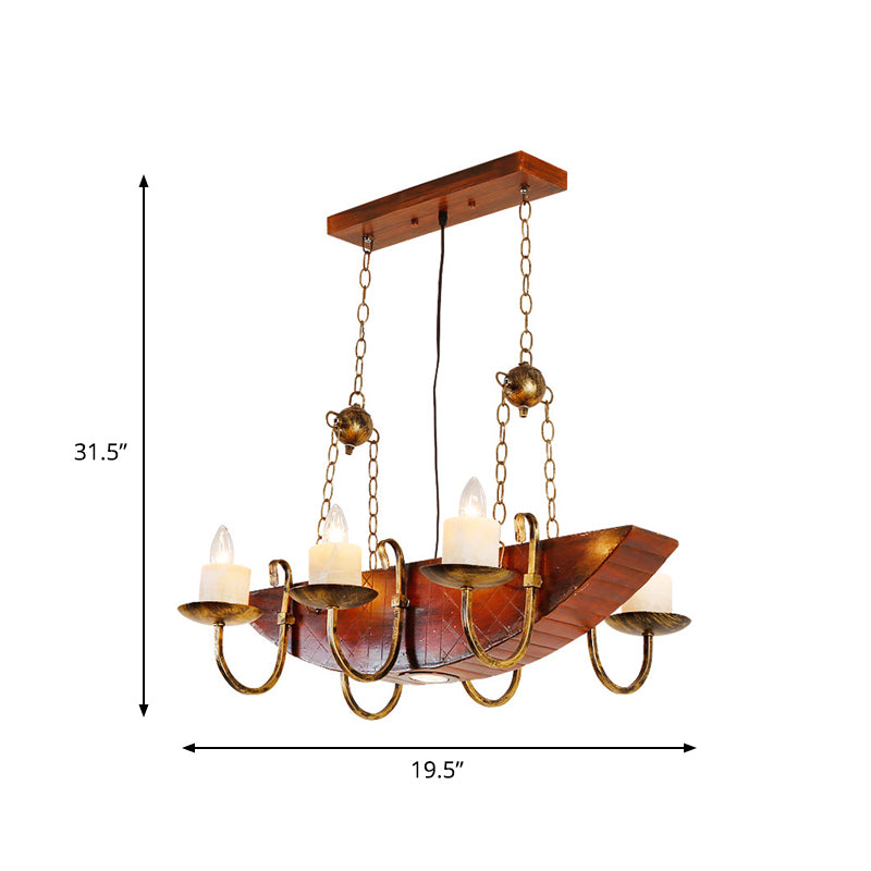 Antique Brass Candle Chandelier Lamp Rustic Metal 6-Light Living Room Hanging Light with Wooden Shelf Clearhalo 'Cast Iron' 'Ceiling Lights' 'Chandeliers' 'Industrial Chandeliers' 'Industrial' 'Metal' 'Middle Century Chandeliers' 'Rustic Chandeliers' 'Tiffany' Lighting' 513153