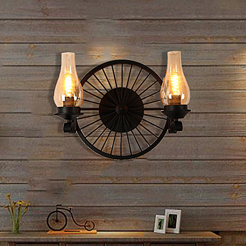 Vase Shade Dining Room Wall Light Fixture Coastal Amber Glass 1/2-Light Black Sconce Lamp with Wheel Clearhalo 'Art deco wall lights' 'Cast Iron' 'Glass' 'Industrial wall lights' 'Industrial' 'Middle century wall lights' 'Modern' 'Rustic wall lights' 'Tiffany' 'Traditional wall lights' 'Wall Lamps & Sconces' 'Wall Lights' Lighting' 513172