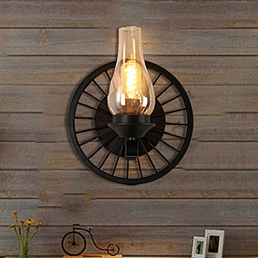 Vase Shade Dining Room Wall Light Fixture Coastal Amber Glass 1/2-Light Black Sconce Lamp with Wheel Clearhalo 'Art deco wall lights' 'Cast Iron' 'Glass' 'Industrial wall lights' 'Industrial' 'Middle century wall lights' 'Modern' 'Rustic wall lights' 'Tiffany' 'Traditional wall lights' 'Wall Lamps & Sconces' 'Wall Lights' Lighting' 513177