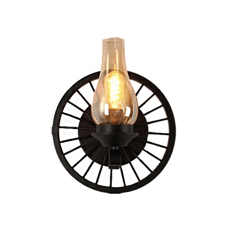 Vase Shade Dining Room Wall Light Fixture Coastal Amber Glass 1/2-Light Black Sconce Lamp with Wheel Clearhalo 'Art deco wall lights' 'Cast Iron' 'Glass' 'Industrial wall lights' 'Industrial' 'Middle century wall lights' 'Modern' 'Rustic wall lights' 'Tiffany' 'Traditional wall lights' 'Wall Lamps & Sconces' 'Wall Lights' Lighting' 513178