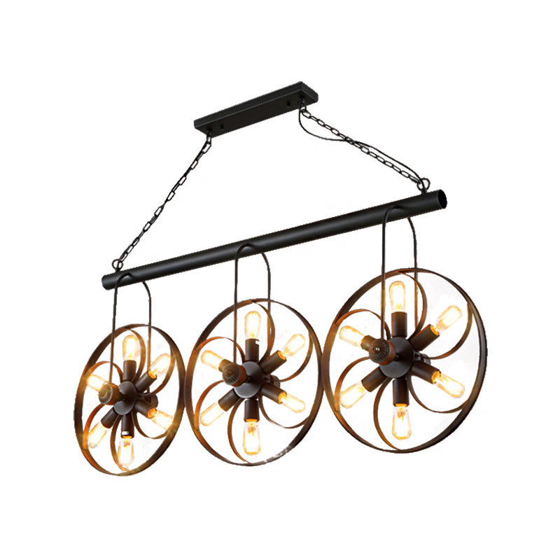 6/18 Bulbs Island Light Wagon Wheel Metal Vintage Dining Room Pendant Lighting in Black Clearhalo 'Ceiling Lights' 'Island Lights' Lighting' 513215