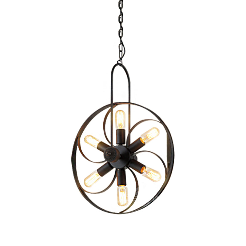 6/18 Bulbs Island Light Wagon Wheel Metal Vintage Dining Room Pendant Lighting in Black Clearhalo 'Ceiling Lights' 'Island Lights' Lighting' 513219