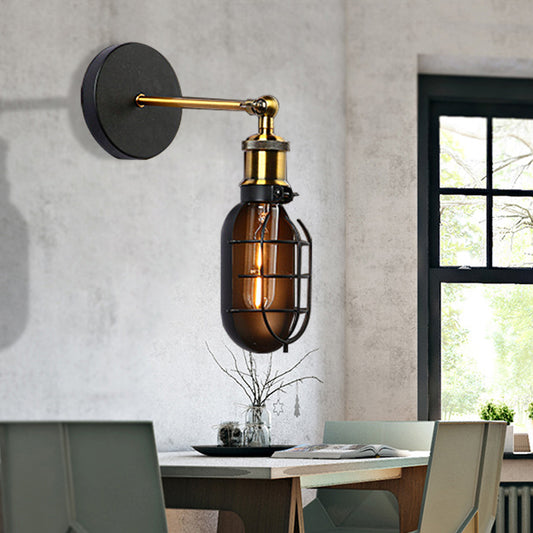 One Bulb Metal and Glass Wall Lighting Industrial Black Caged Dining Room Sconce Light Fixture Black Clearhalo 'Art deco wall lights' 'Cast Iron' 'Glass' 'Industrial wall lights' 'Industrial' 'Middle century wall lights' 'Modern' 'Rustic wall lights' 'Tiffany' 'Traditional wall lights' 'Wall Lamps & Sconces' 'Wall Lights' Lighting' 513242