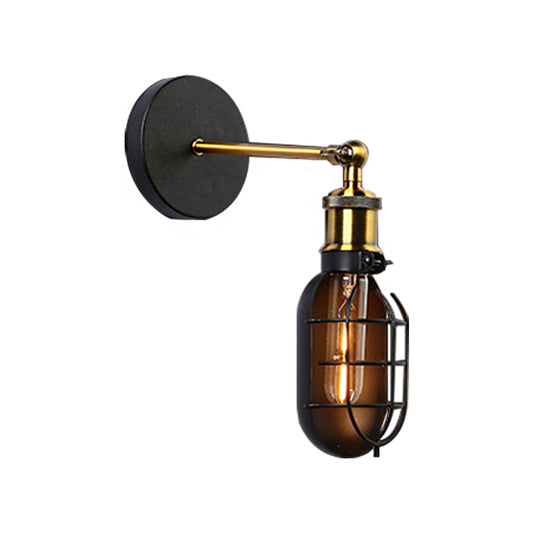 One Bulb Metal and Glass Wall Lighting Industrial Black Caged Dining Room Sconce Light Fixture Clearhalo 'Art deco wall lights' 'Cast Iron' 'Glass' 'Industrial wall lights' 'Industrial' 'Middle century wall lights' 'Modern' 'Rustic wall lights' 'Tiffany' 'Traditional wall lights' 'Wall Lamps & Sconces' 'Wall Lights' Lighting' 513244