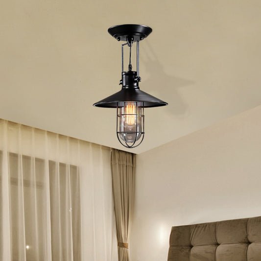 Single Bulb Semi Flush Mount Industrial Cone Metal Ceiling Light in Black for Living Room with Cage Black Clearhalo 'Ceiling Lights' 'Close To Ceiling Lights' 'Close to ceiling' 'Semi-flushmount' Lighting' 513258