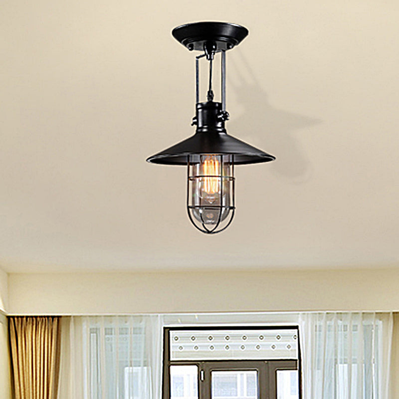 Single Bulb Semi Flush Mount Industrial Cone Metal Ceiling Light in Black for Living Room with Cage Clearhalo 'Ceiling Lights' 'Close To Ceiling Lights' 'Close to ceiling' 'Semi-flushmount' Lighting' 513259