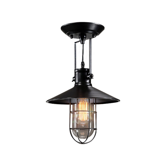 Single Bulb Semi Flush Mount Industrial Cone Metal Ceiling Light in Black for Living Room with Cage Clearhalo 'Ceiling Lights' 'Close To Ceiling Lights' 'Close to ceiling' 'Semi-flushmount' Lighting' 513260