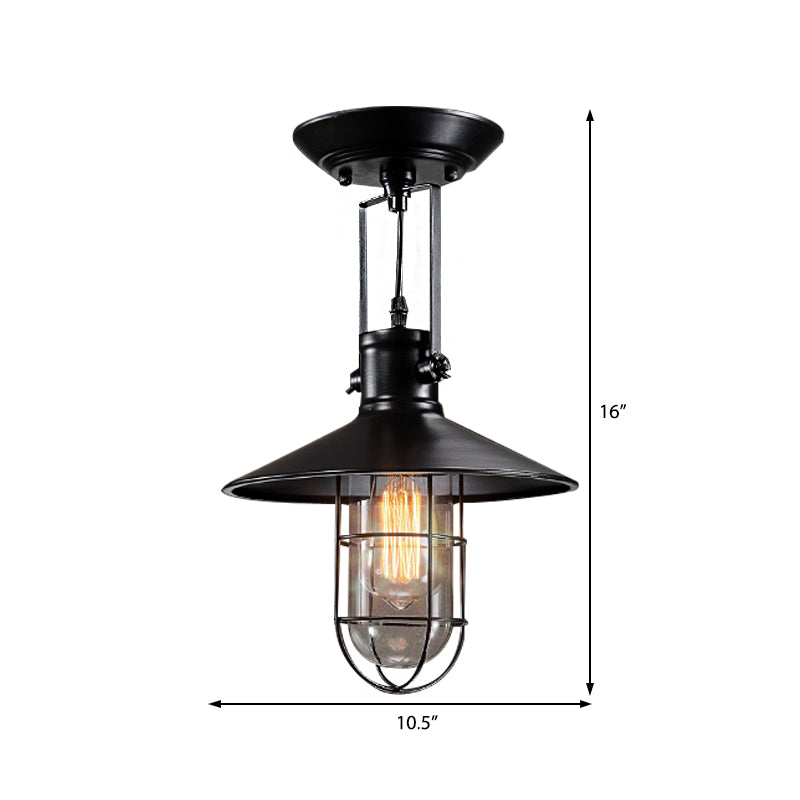 Single Bulb Semi Flush Mount Industrial Cone Metal Ceiling Light in Black for Living Room with Cage Clearhalo 'Ceiling Lights' 'Close To Ceiling Lights' 'Close to ceiling' 'Semi-flushmount' Lighting' 513261