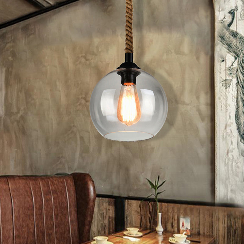 8"/10" Wide Globe Pendant Lighting Industrial 1 Light Clear/Amber Glass Hanging Lamp in Black Clearhalo 'Ceiling Lights' 'Glass shade' 'Glass' 'Modern Pendants' 'Modern' 'Pendant Lights' 'Pendants' Lighting' 513287