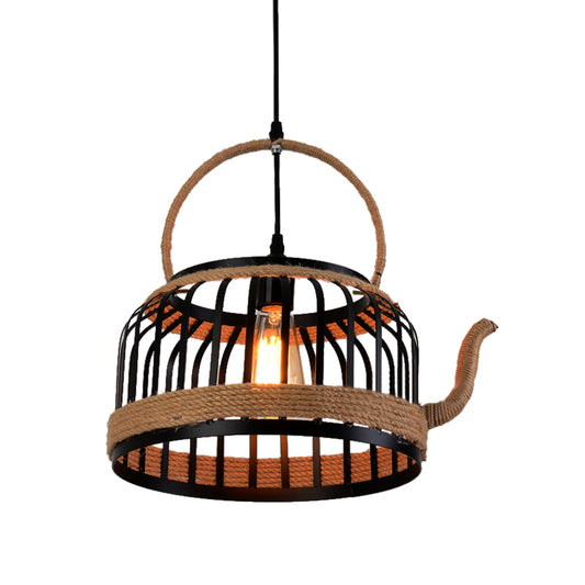 Black Teapot Pendant Ceiling Light Farmhouse Metal 1 Light Dining Room Hanging Lamp Clearhalo 'Art Deco Pendants' 'Black' 'Cast Iron' 'Ceiling Lights' 'Ceramic' 'Crystal' 'Industrial Pendants' 'Industrial' 'Metal' 'Middle Century Pendants' 'Pendant Lights' 'Pendants' 'Rustic Pendants' 'Tiffany' Lighting' 513296