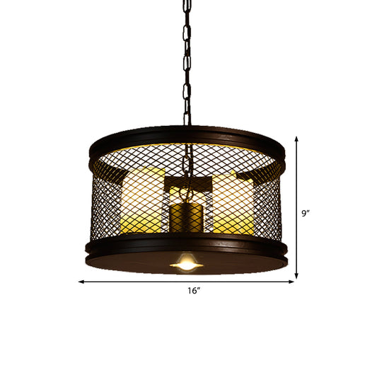 Black Drum Shade Chandelier Industrial Metal and Resin 3-Light Living Room Pendant Lighting Fixture with Cage Clearhalo 'Cast Iron' 'Ceiling Lights' 'Chandeliers' 'Industrial Chandeliers' 'Industrial' 'Metal' 'Middle Century Chandeliers' 'Rustic Chandeliers' 'Tiffany' Lighting' 513317