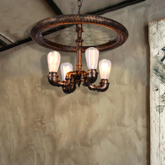 Wagon Wheel Metal Light Chandelier Retro Rustic 4-Light Dining Room Pendant Lighting in Bronze Bronze Clearhalo 'Cast Iron' 'Ceiling Lights' 'Chandeliers' 'Industrial Chandeliers' 'Industrial' 'Metal' 'Middle Century Chandeliers' 'Rustic Chandeliers' 'Tiffany' Lighting' 513328