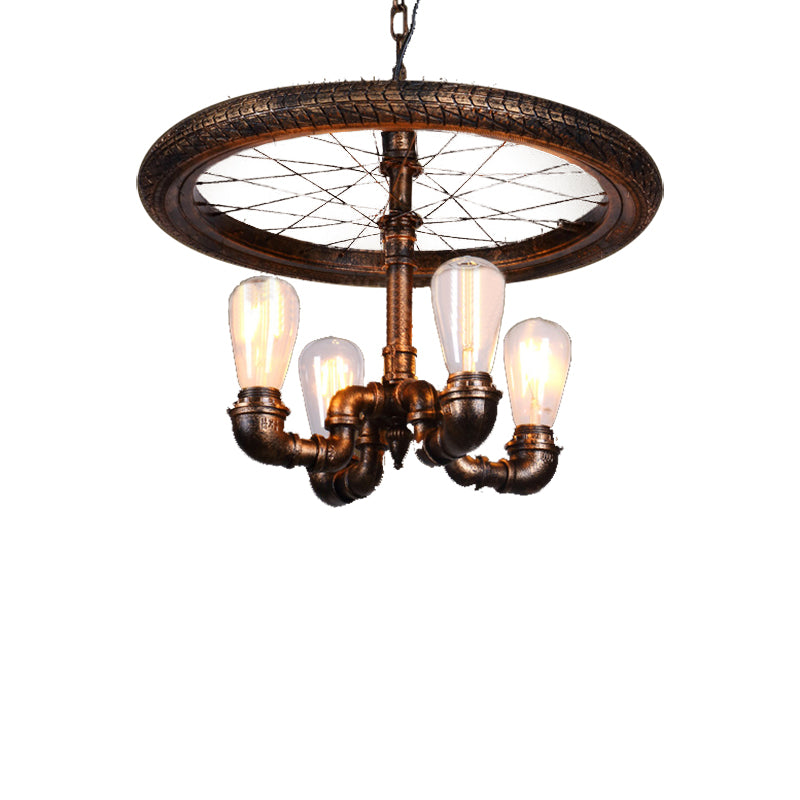 Wagon Wheel Metal Light Chandelier Retro Rustic 4-Light Dining Room Pendant Lighting in Bronze Clearhalo 'Cast Iron' 'Ceiling Lights' 'Chandeliers' 'Industrial Chandeliers' 'Industrial' 'Metal' 'Middle Century Chandeliers' 'Rustic Chandeliers' 'Tiffany' Lighting' 513329