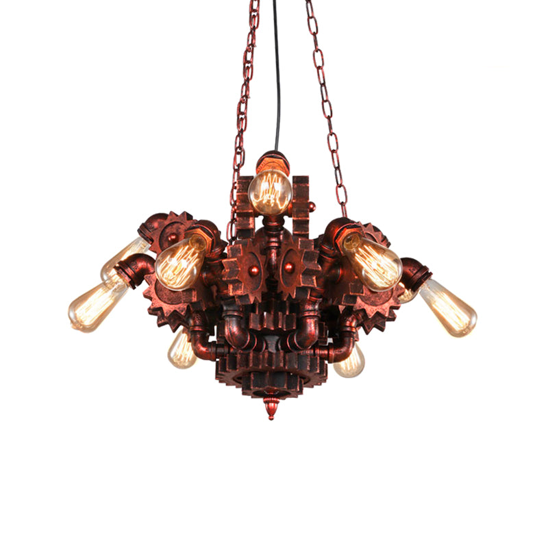 Gear Living Room Pendant Chandelier Vintage Wrought Iron 9 Lights Weathered Copper Hanging Fixture with Chain Clearhalo 'Cast Iron' 'Ceiling Lights' 'Chandeliers' 'Industrial Chandeliers' 'Industrial' 'Metal' 'Middle Century Chandeliers' 'Rustic Chandeliers' 'Tiffany' Lighting' 513333