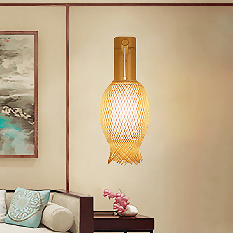 Weave Sconce Contemporary Bamboo 1 Bulb Wood Wall Light Fixture with Inner White Cylinder Parchment Shade Clearhalo 'Modern wall lights' 'Modern' 'Wall Lamps & Sconces' 'Wall Lights' Lighting' 513395