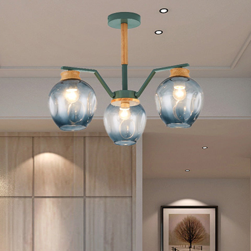 Nordic Globe Chandelier Pendant Light Dimpled Blown Glass 3/5 Lights Hanging Ceiling Light in Grey/Green Clearhalo 'Ceiling Lights' 'Chandeliers' 'Close To Ceiling Lights' 'Glass shade' 'Glass' 'Modern Chandeliers' 'Modern' Lighting' 513423