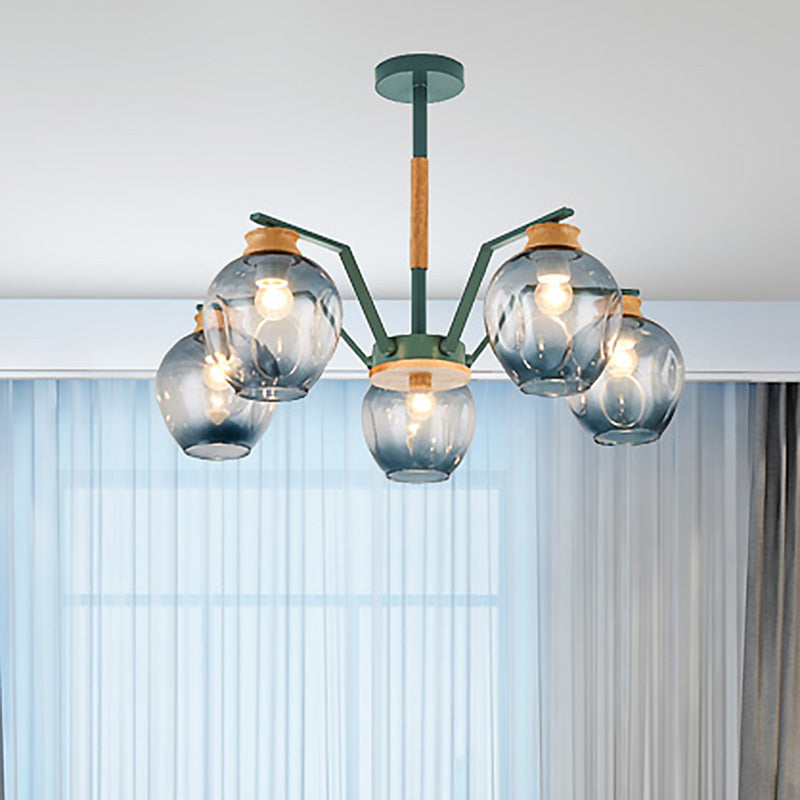 Nordic Globe Chandelier Pendant Light Dimpled Blown Glass 3/5 Lights Hanging Ceiling Light in Grey/Green Clearhalo 'Ceiling Lights' 'Chandeliers' 'Close To Ceiling Lights' 'Glass shade' 'Glass' 'Modern Chandeliers' 'Modern' Lighting' 513424